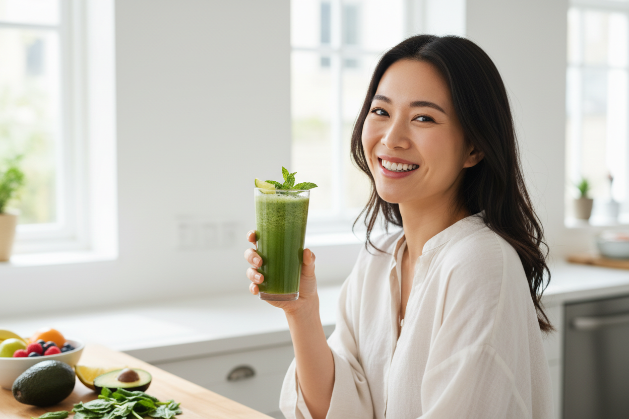 Asian woman with healthy smoothie