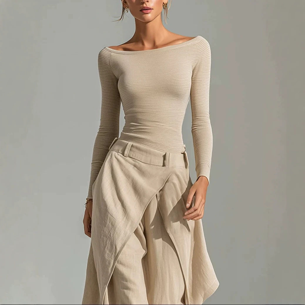 Women's Off-Shoulder Slim Top & Draped Wide Leg Pants Two-Piece Set