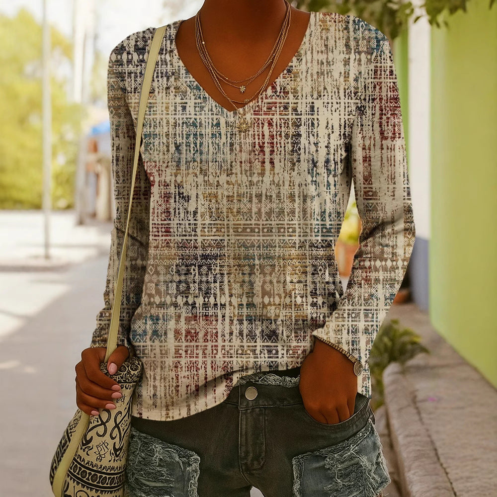 Women's Ethnic Print V-Neck Long-Sleeve Pullover Top