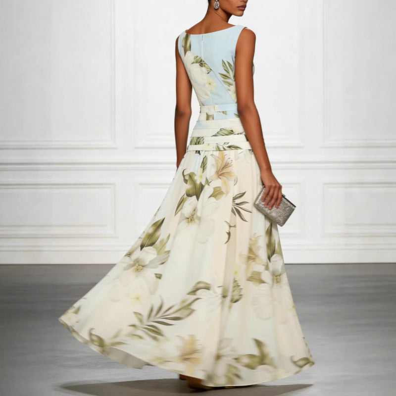 Women's Floral Print Sleeveless Backless Waist-Cinching Maxi Dress