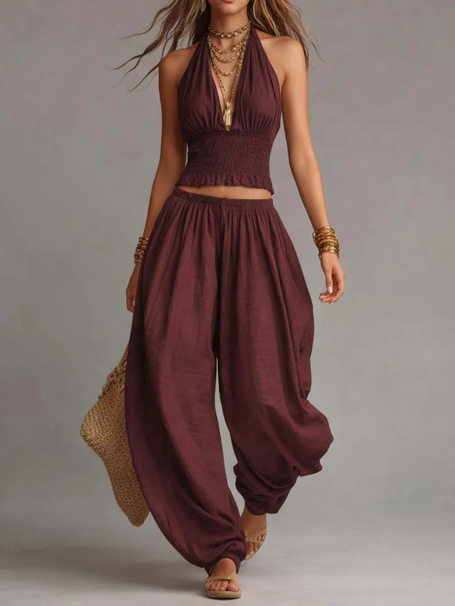 Women's Sleeveless Backless Halter Top & Wide-Leg Pants Set
