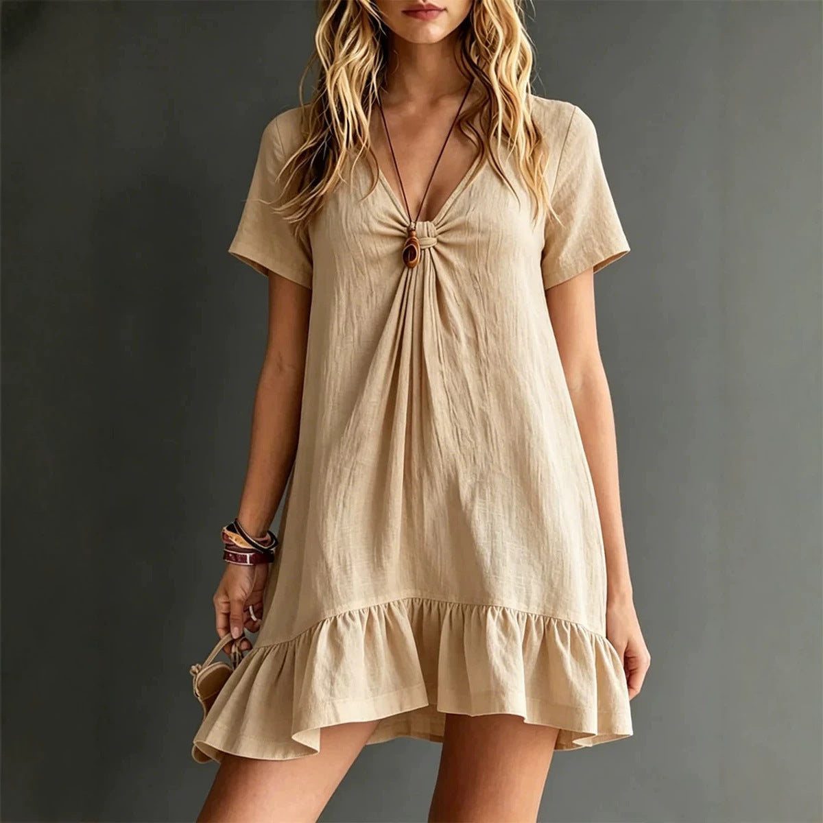 Women's V-Neck Short-Sleeve Midi Dress – Ice Silk Crepe Loose Casual