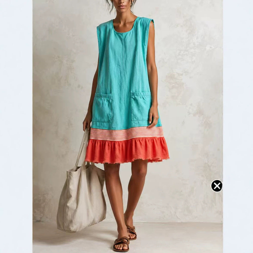 Women's Elegant Ruffle Neck Three-Quarter Sleeve Midi Dress – Vacation Style