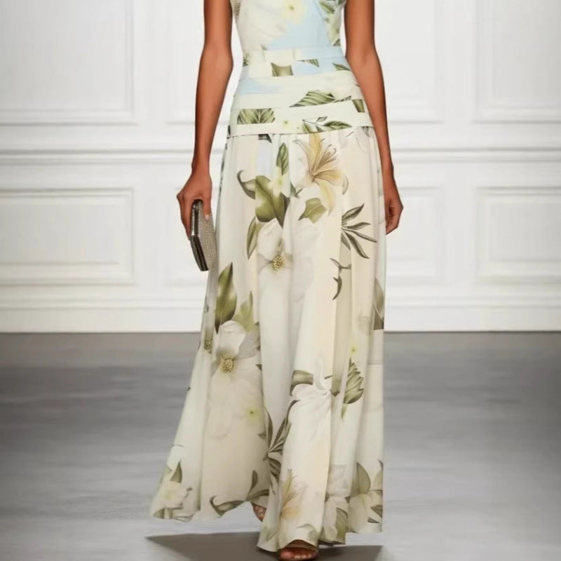 Women's Floral Print Sleeveless Backless Waist-Cinching Maxi Dress