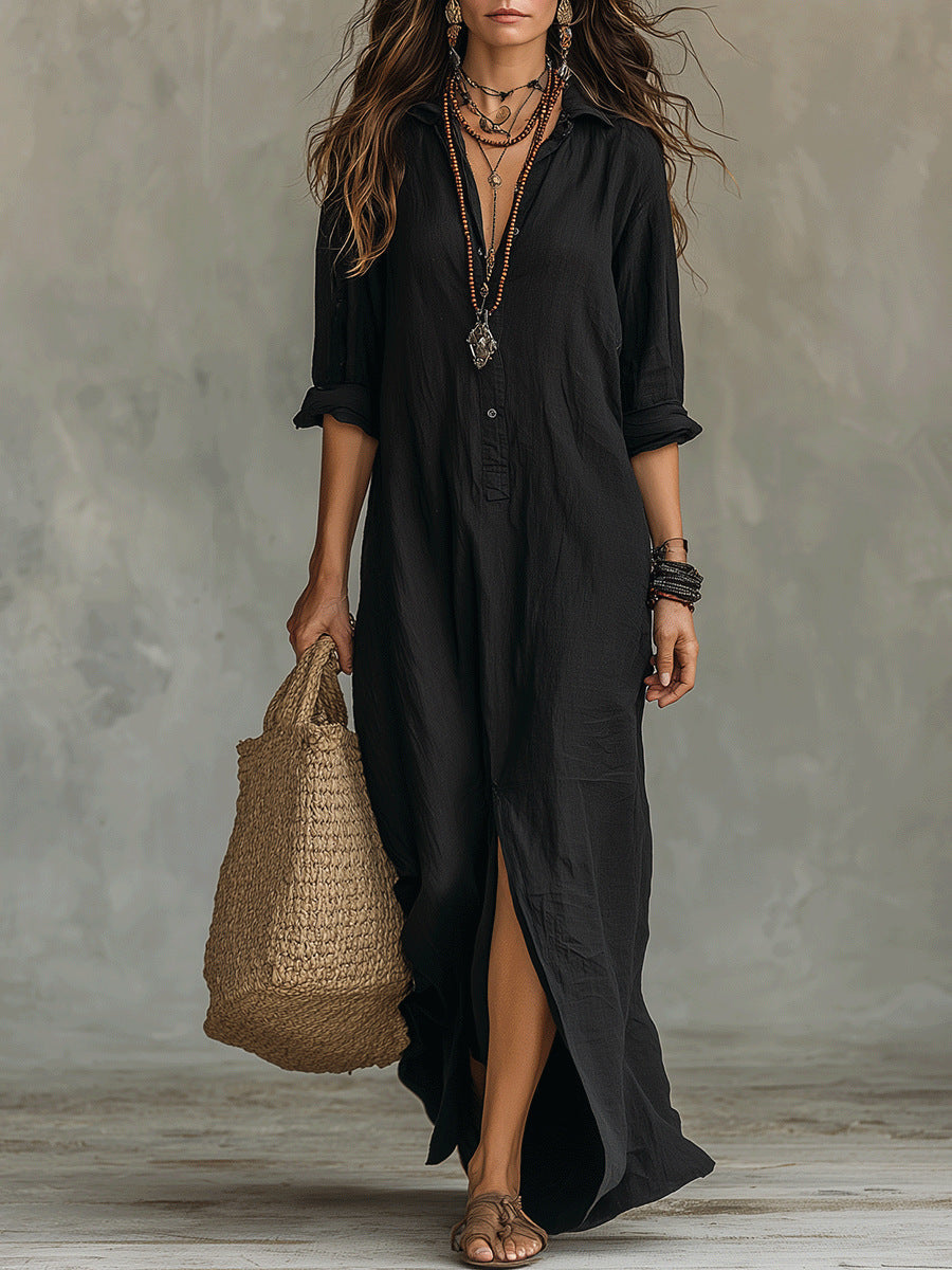 Women's Solid Color Notch Lapel Front Slit Maxi Dress | Casual Long Shirt Dress