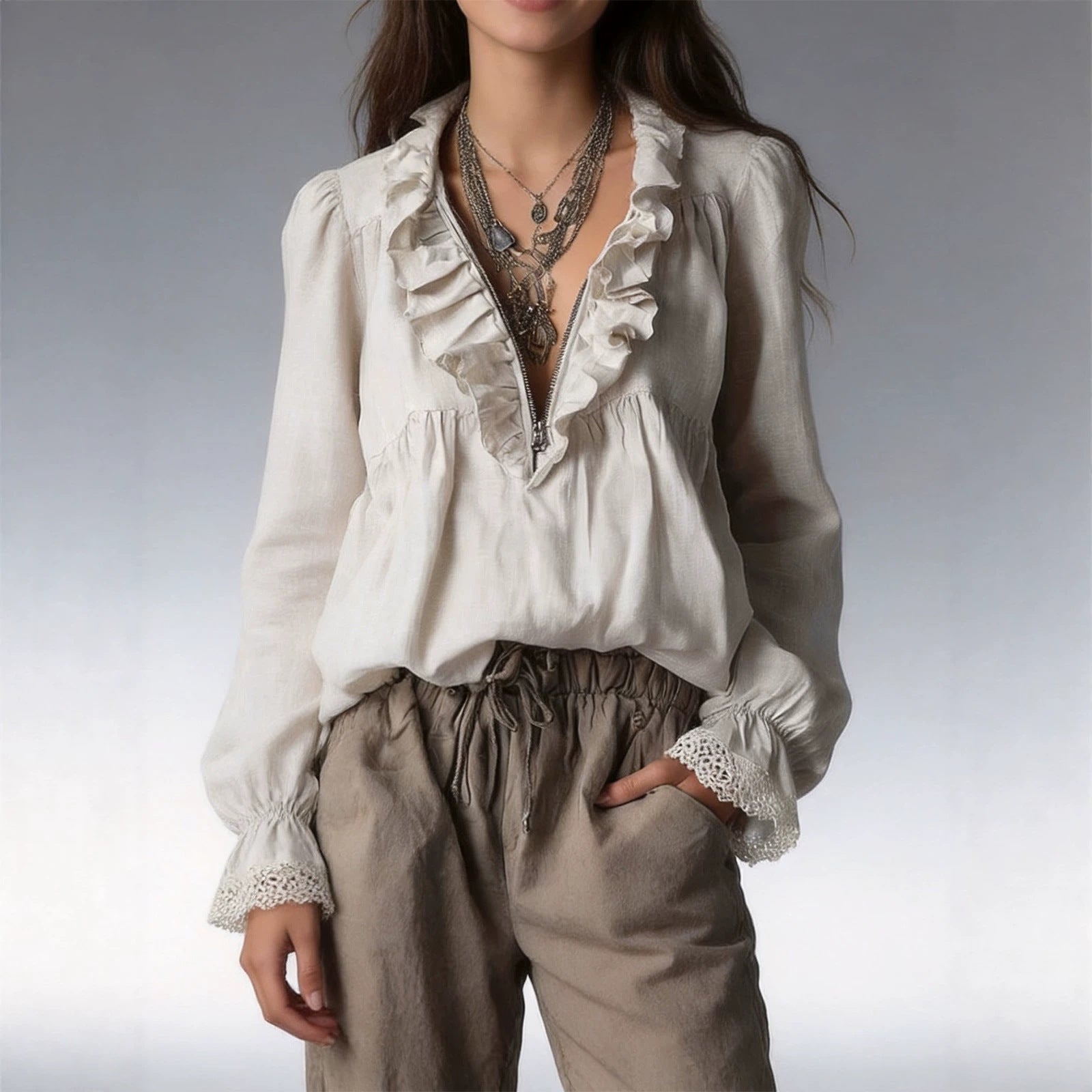 Women's V-Neck Ruffle Trim Flared Cuff Long Sleeve Blouse