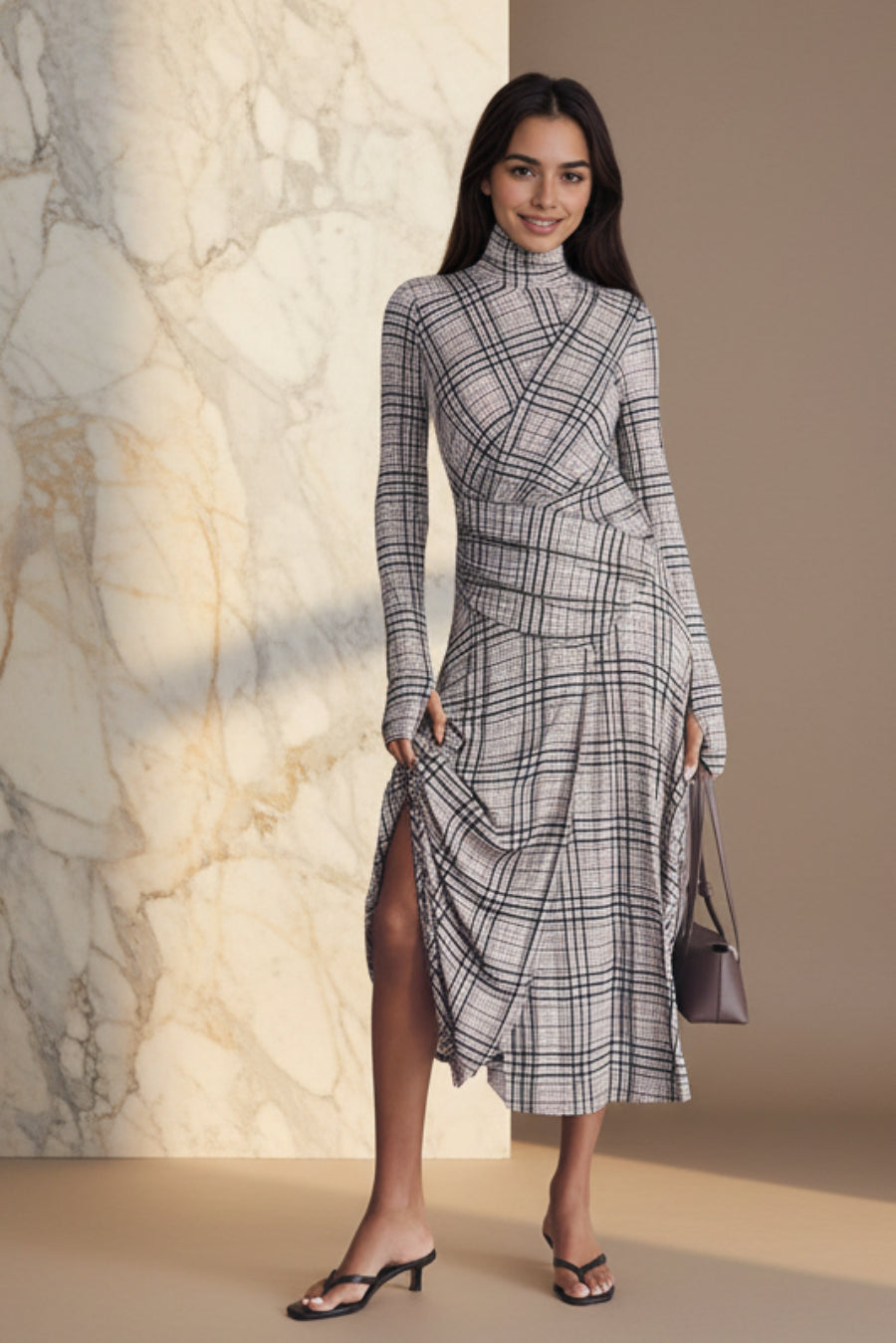 Women's Stand Collar Long Sleeve Plaid Pleated Maxi Dress – High Waist A-Line