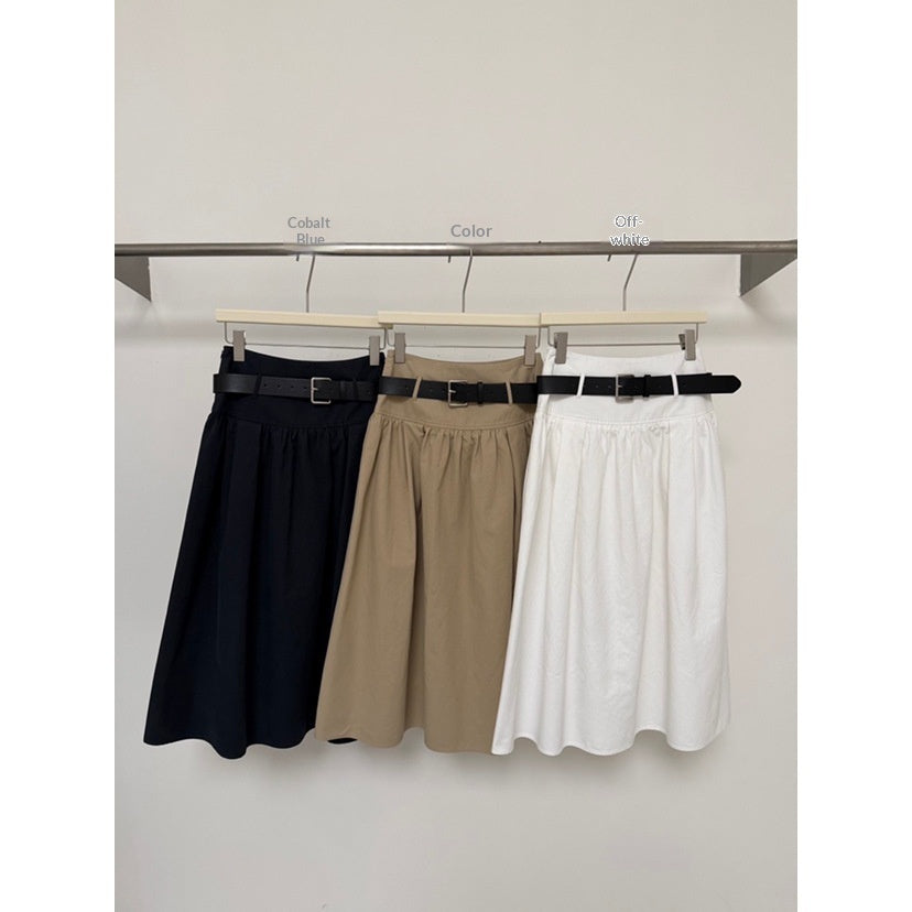 Relaxed A-Line Crushed Pleat Cotton Midi Skirt with Belt