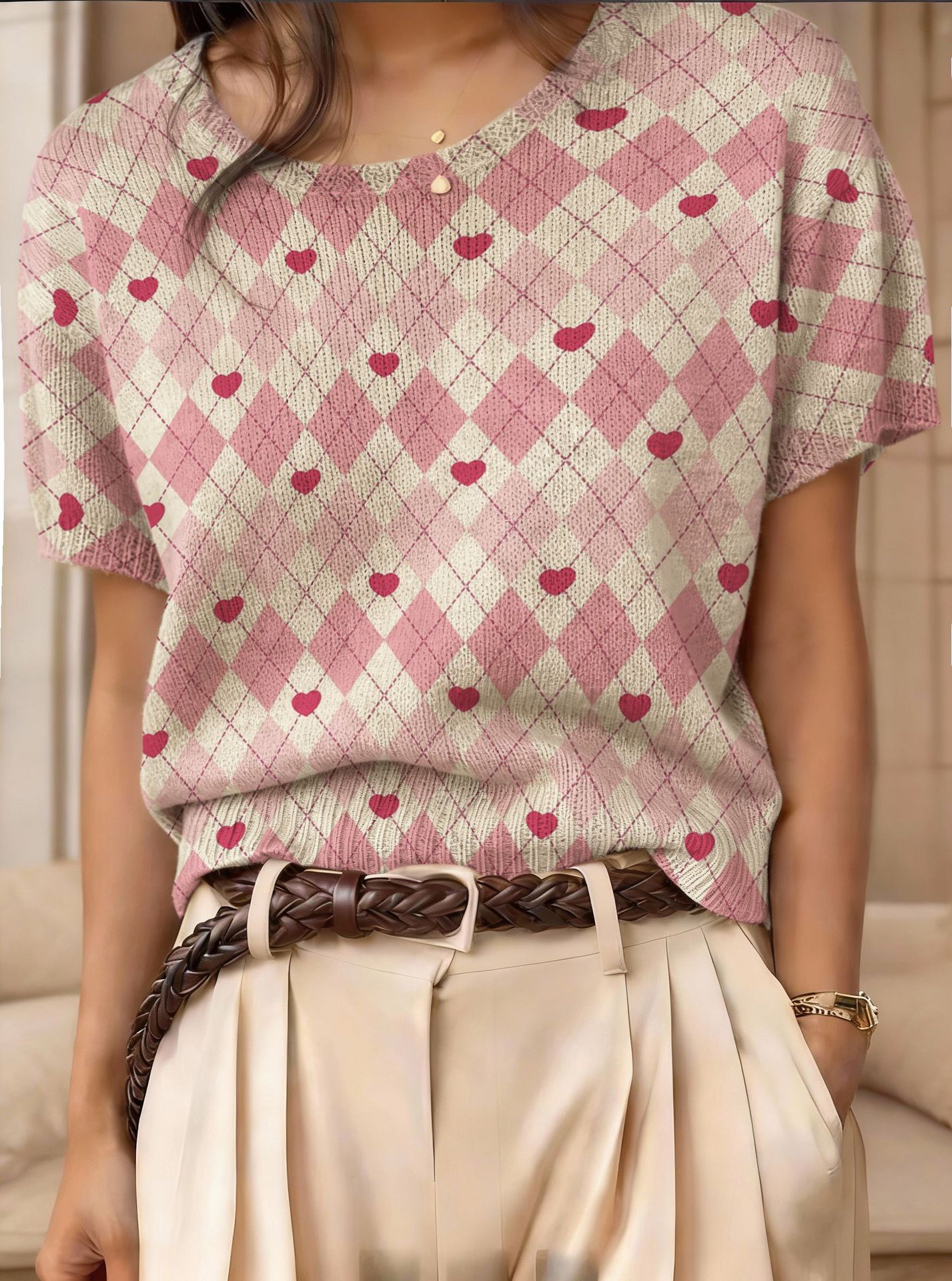 Women's Retro Short-Sleeve Jacquard Knit Top