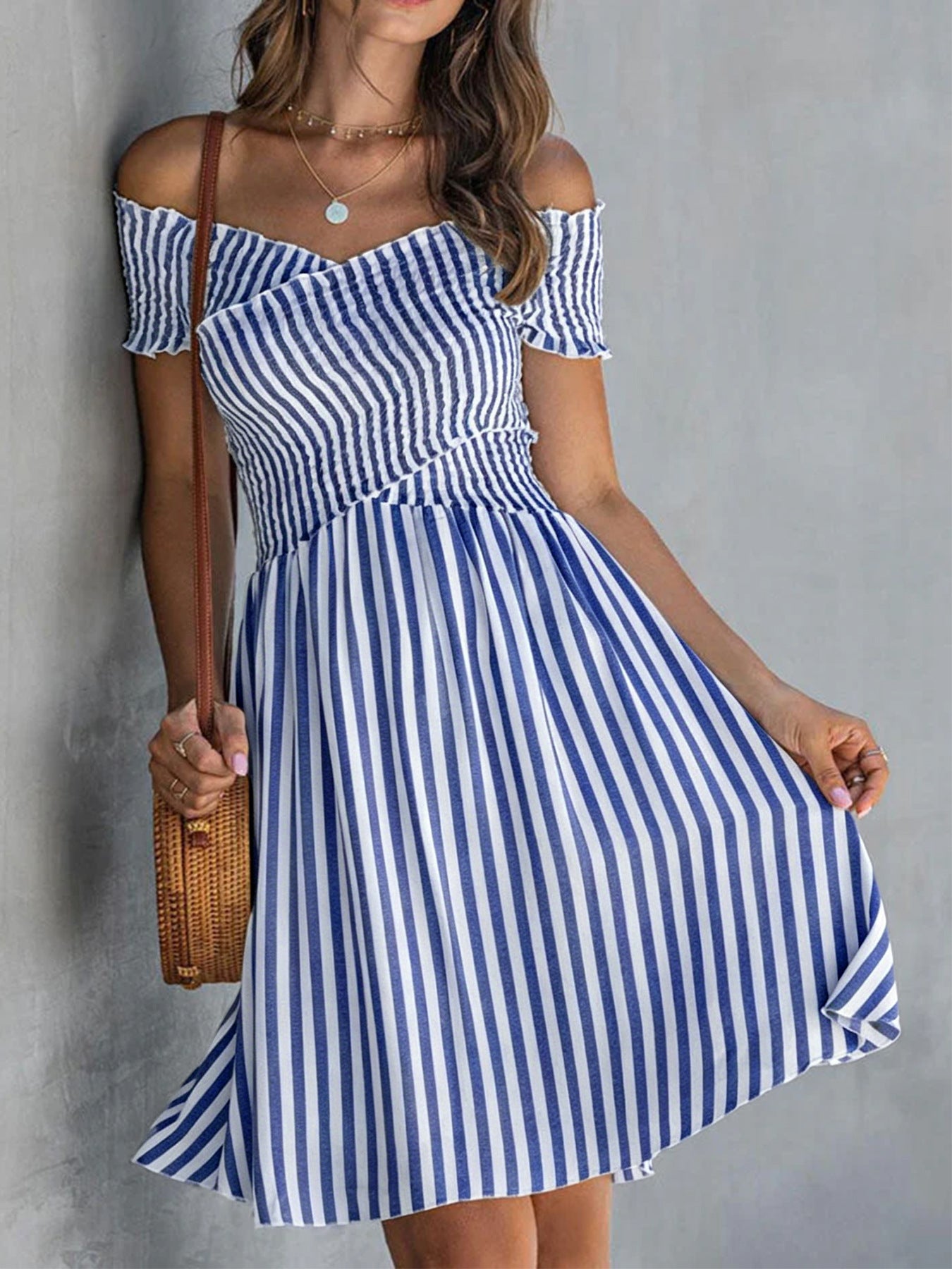 Women's Off-Shoulder Striped Waist-Cinching Midi Dress