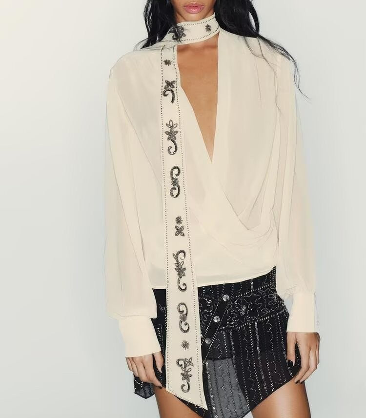 Women Clothing Georgette Beaded Scarf Shirt Top