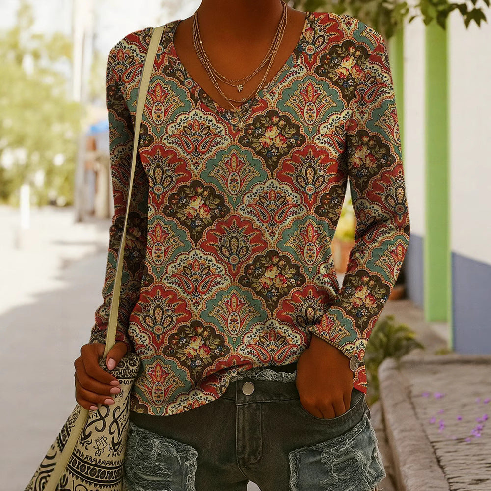 Women's Ethnic Print V-Neck Long-Sleeve Pullover Top