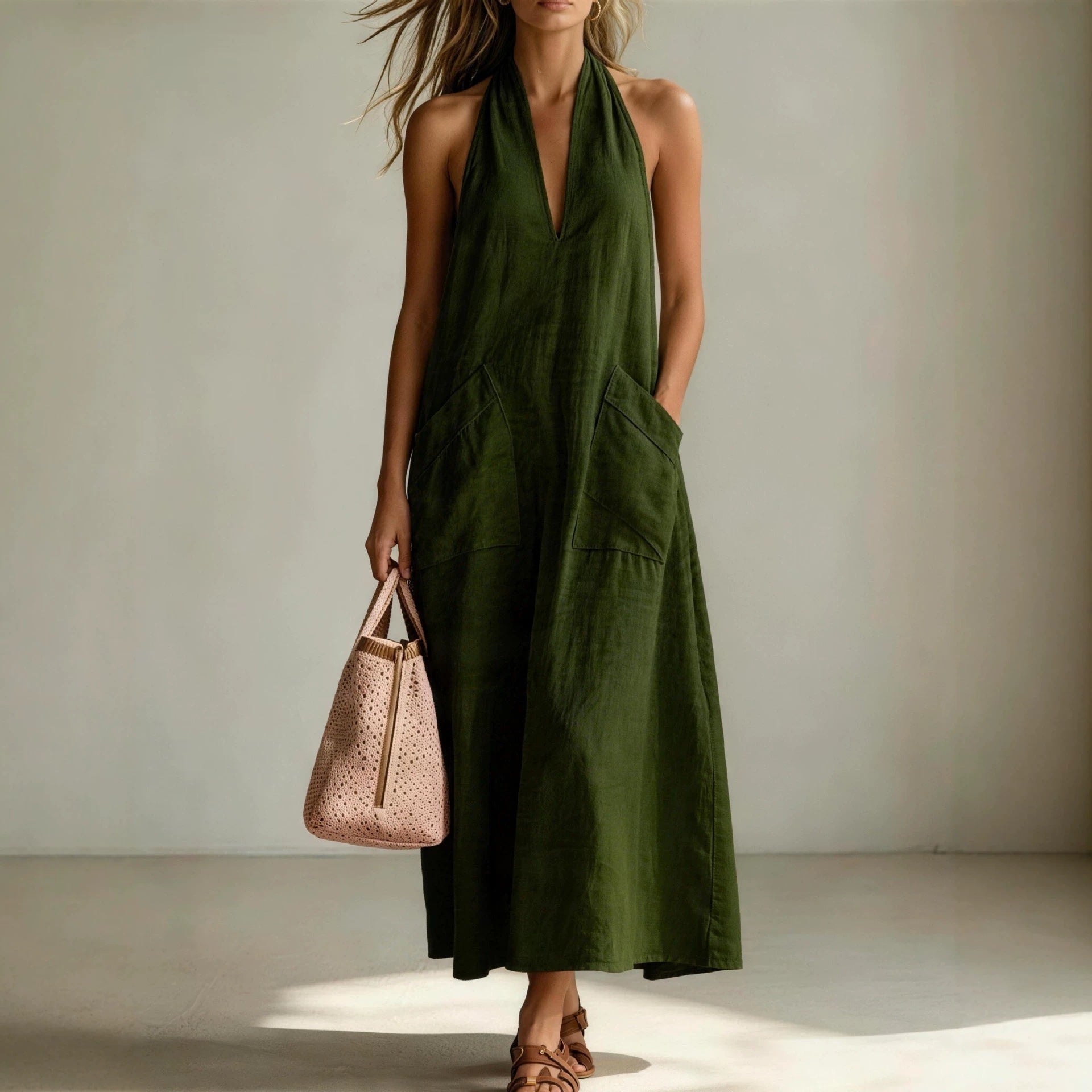 Cotton Halterneck Sleeveless Deep V-Neck Loose Straight-Line Dress