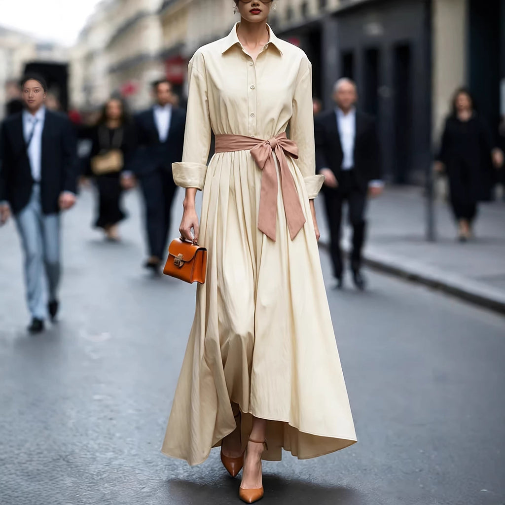 Long Sleeve Polo Collar High Waist Maxi Dress for Women – Solid Color Button Dress