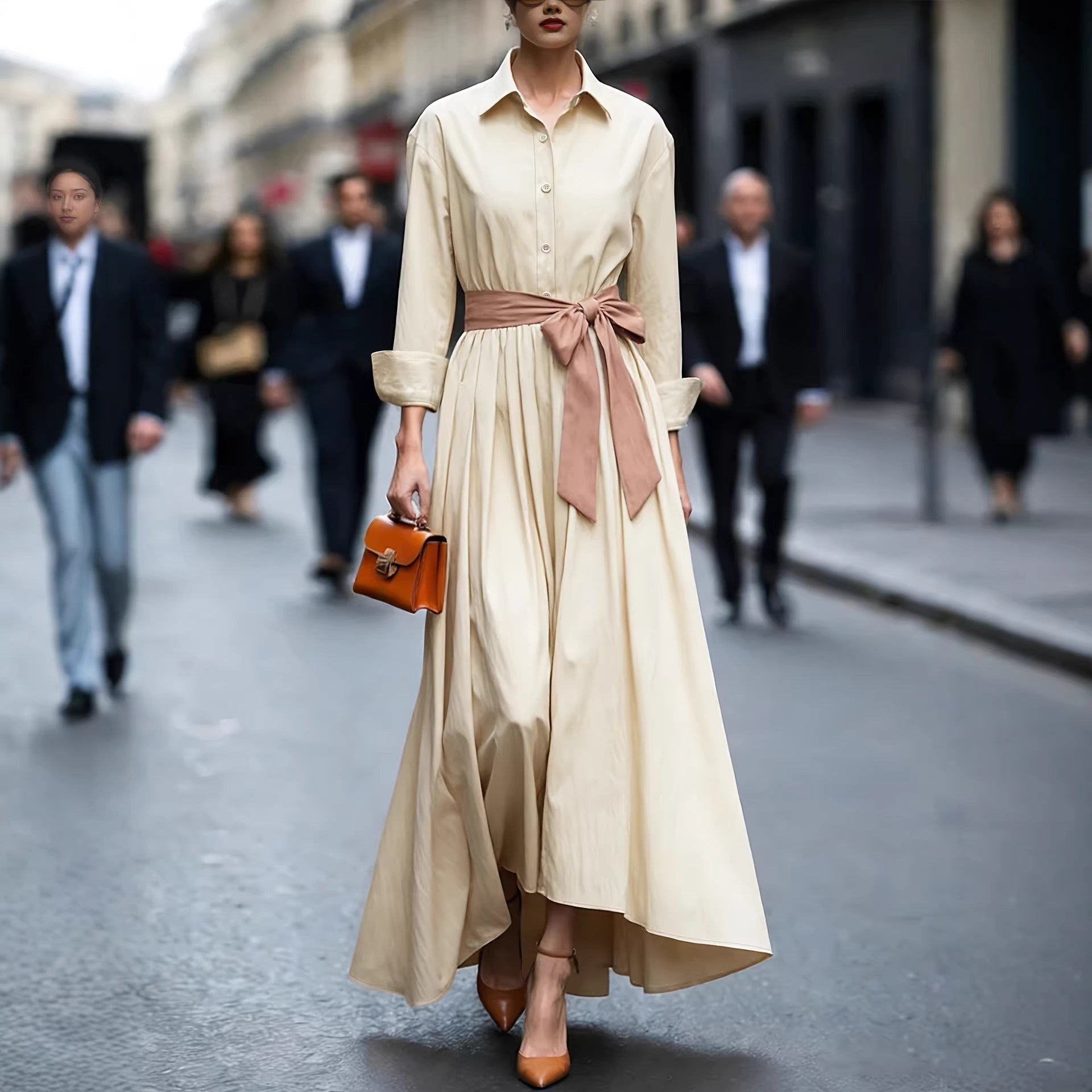 Long Sleeve Polo Collar High Waist Maxi Dress for Women – Solid Color Button Dress