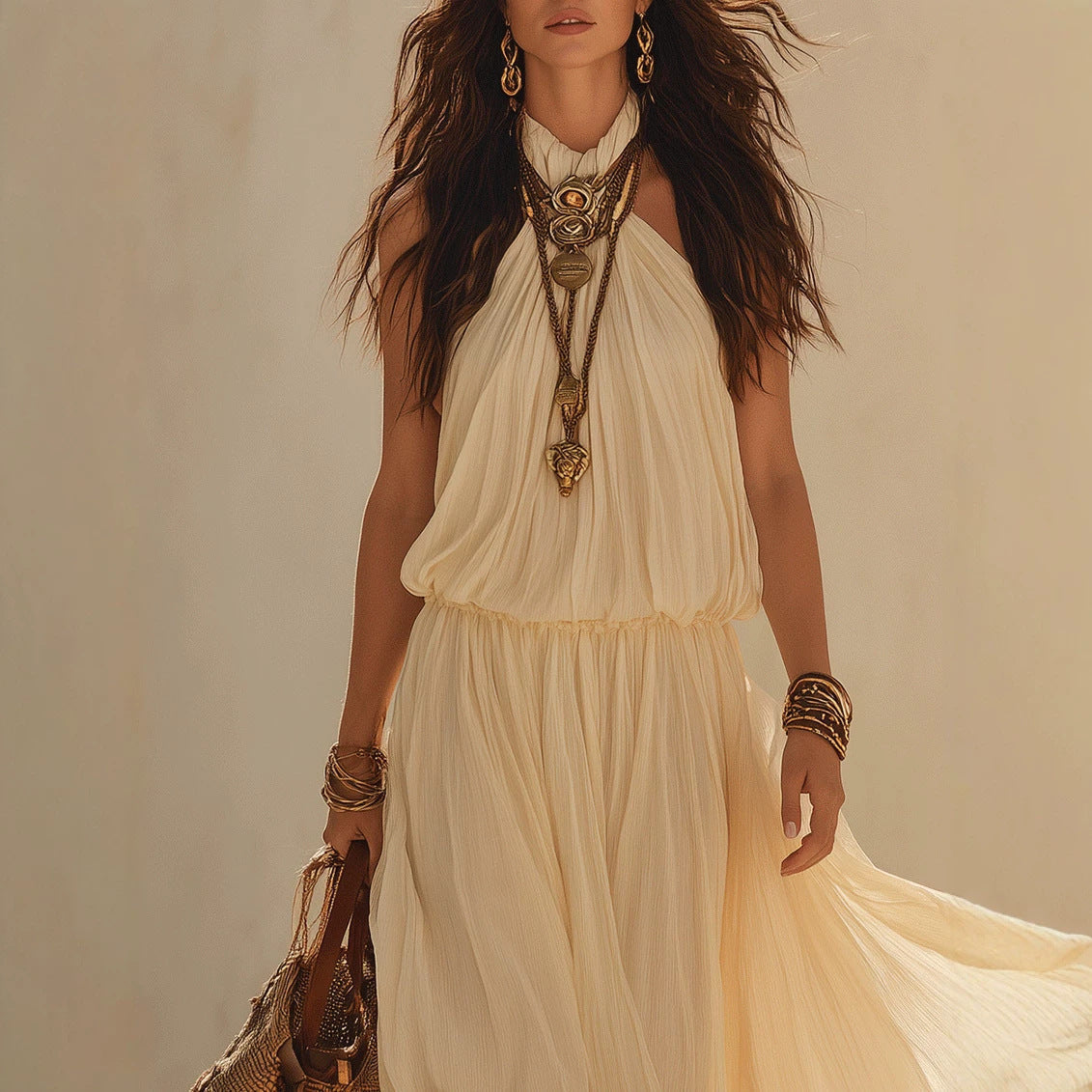 Beige White Halter Neck Maxi Dress – Boho Fairy Sleeveless Long Dress