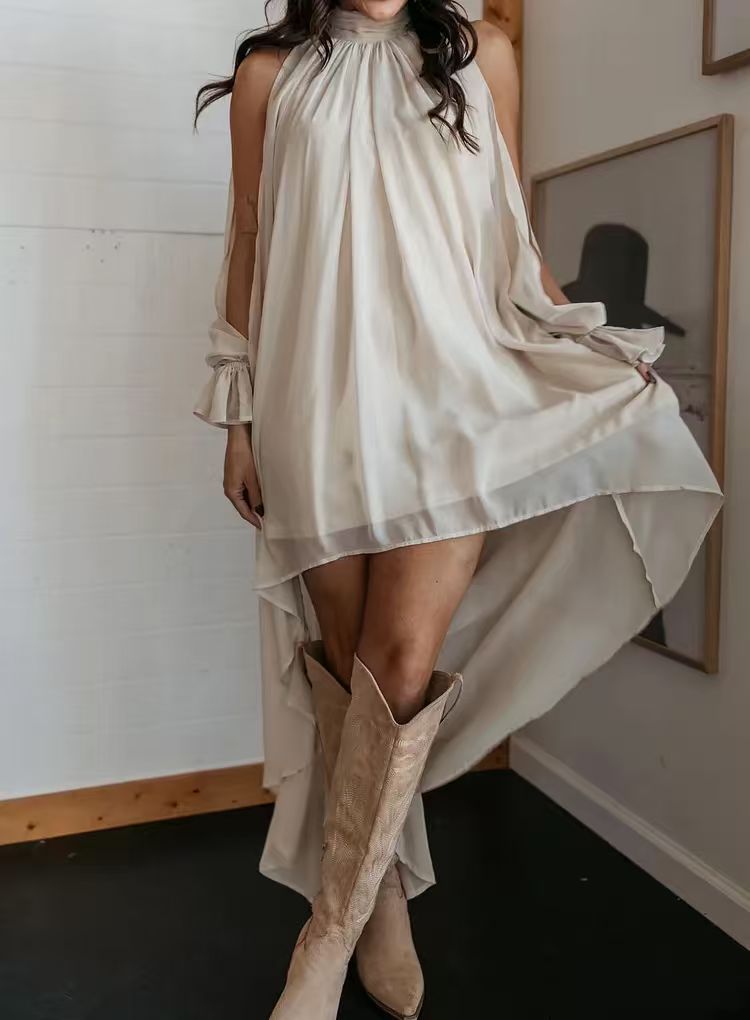 High Neck Asymmetric Maxi Chiffon Dress – Loose Fit Long Sleeve