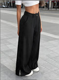 Women's Silky Satin Wide-Leg Trousers – High-Waist Pocket Pants