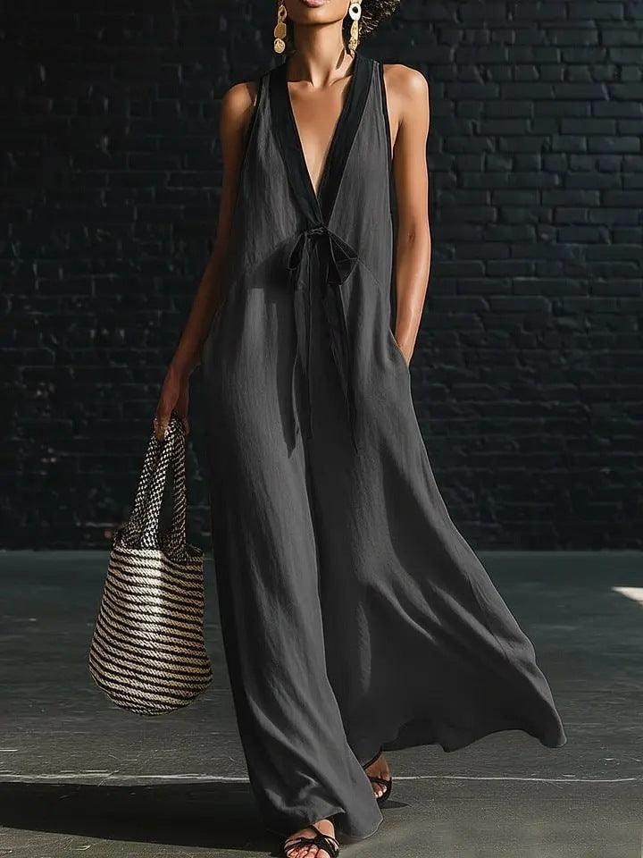 Women's V-Neck Strapless Sleeveless Maxi Dress | Resort-Style Elegant Long Dress