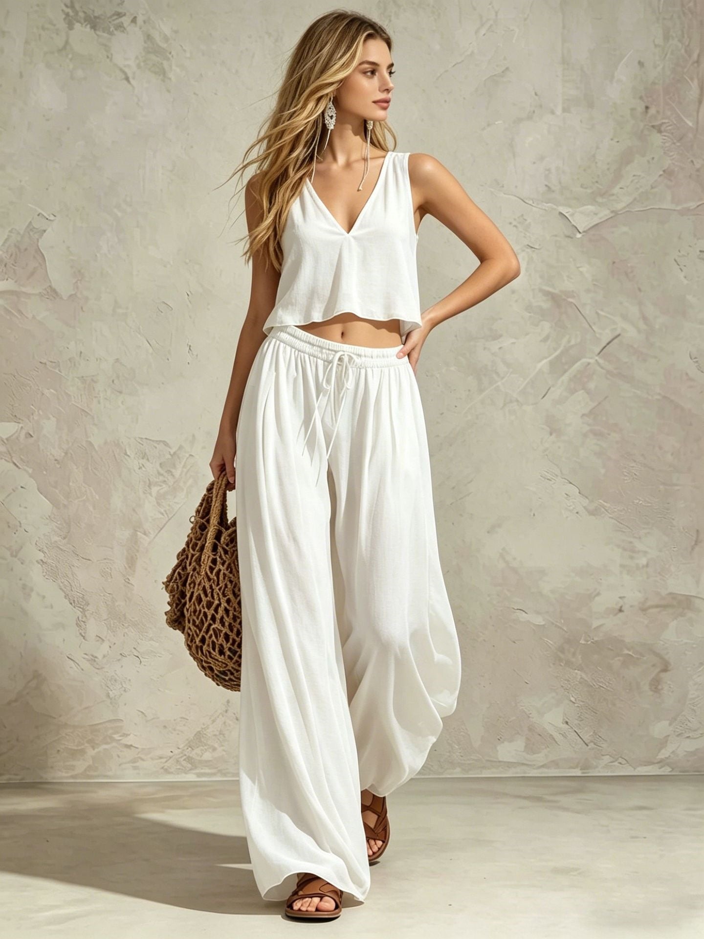 Women's V-Neck Sleeveless Camisole Top & Wide Leg Pants Set