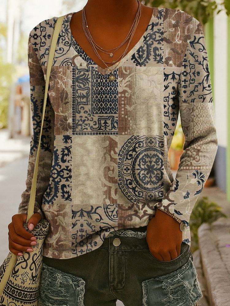 Women's Ethnic Print V-Neck Long-Sleeve Pullover Top