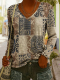 Women's Ethnic Print V-Neck Long-Sleeve Pullover Top