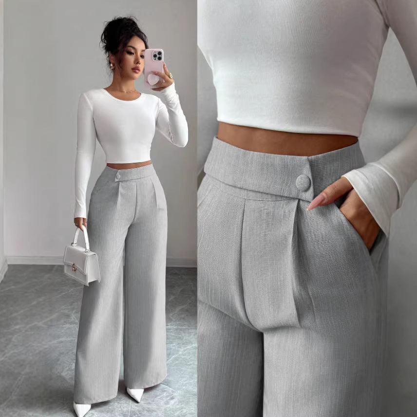 Women's High-Waist Straight-Leg Pants – Solid Color Button Detail Full Length