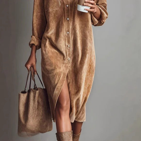 Women's Corduroy Long Sleeve Shirt Dress – Turn-Down Collar Button Front Midi with Pockets