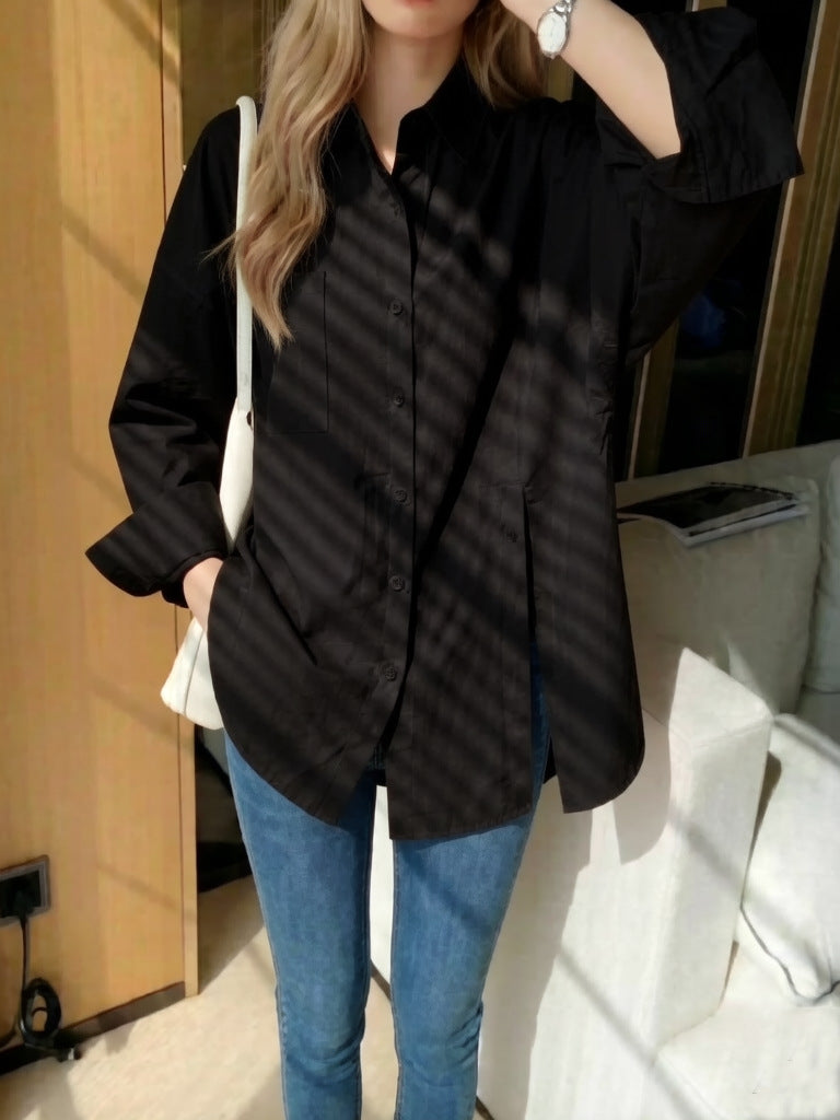 Women's Solid Color Drop Shoulder Button Side Slit Shirt