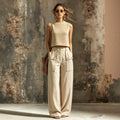 Women's Sleeveless Knit Vest & Wide Leg Pants Two-Piece Set – Casual Linen Khaki