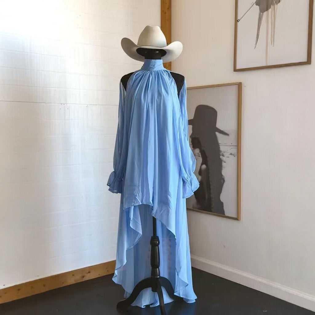 High Neck Asymmetric Maxi Chiffon Dress – Loose Fit Long Sleeve