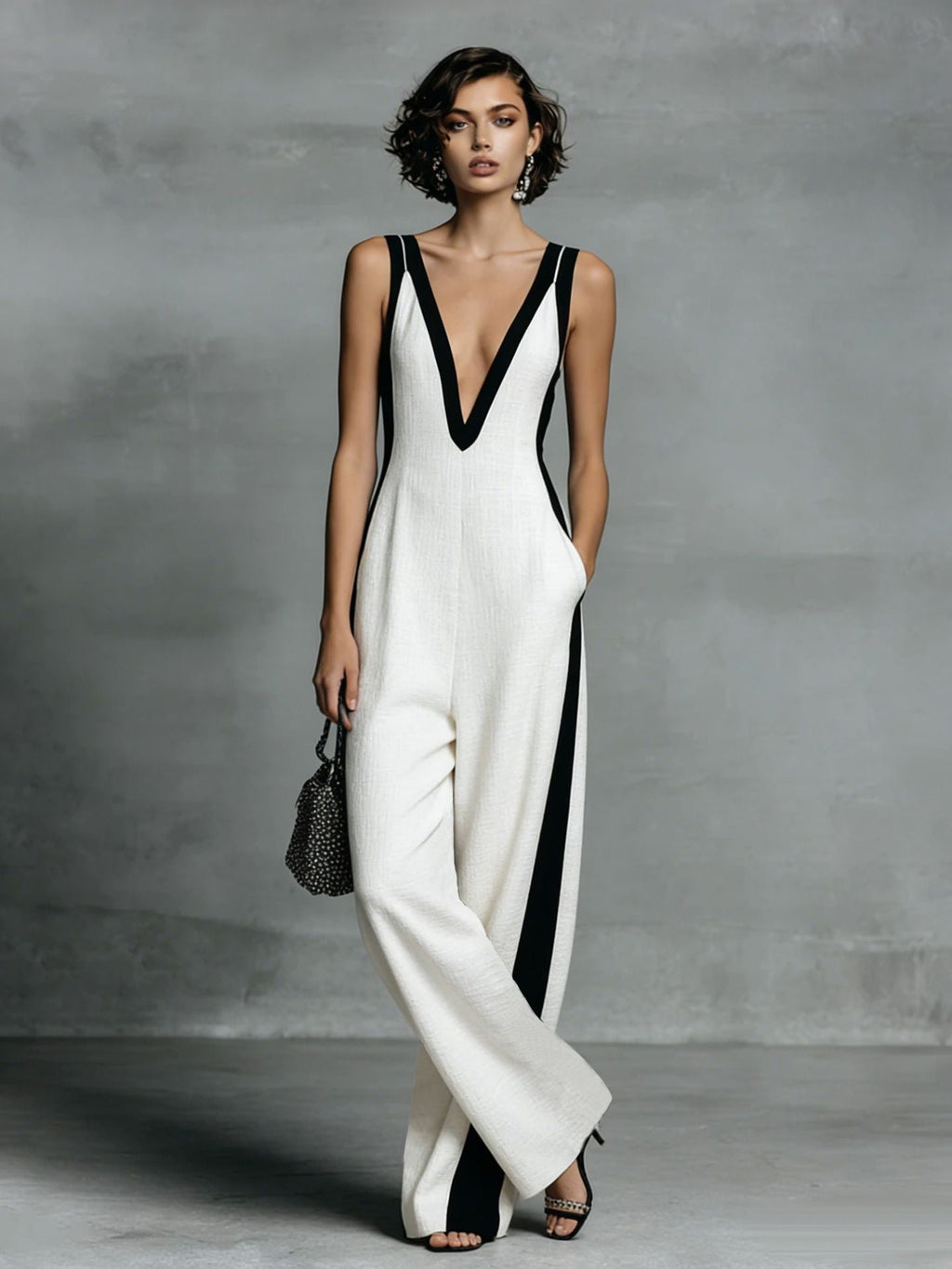 Women's Color-Block Sleeveless V-Neck Wide-Leg Jumpsuit – French Style Long Pants