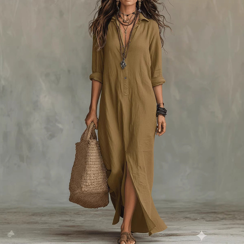 Women's Solid Color Notch Lapel Front Slit Maxi Dress | Casual Long Shirt Dress
