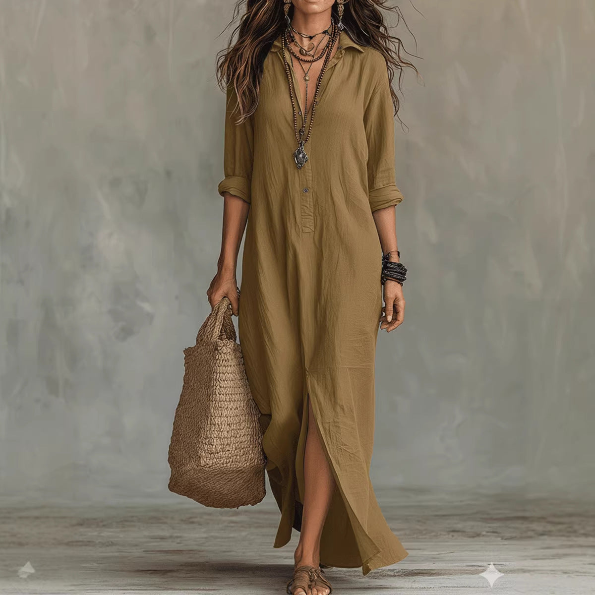 Women's Solid Color Notch Lapel Front Slit Maxi Dress | Casual Long Shirt Dress