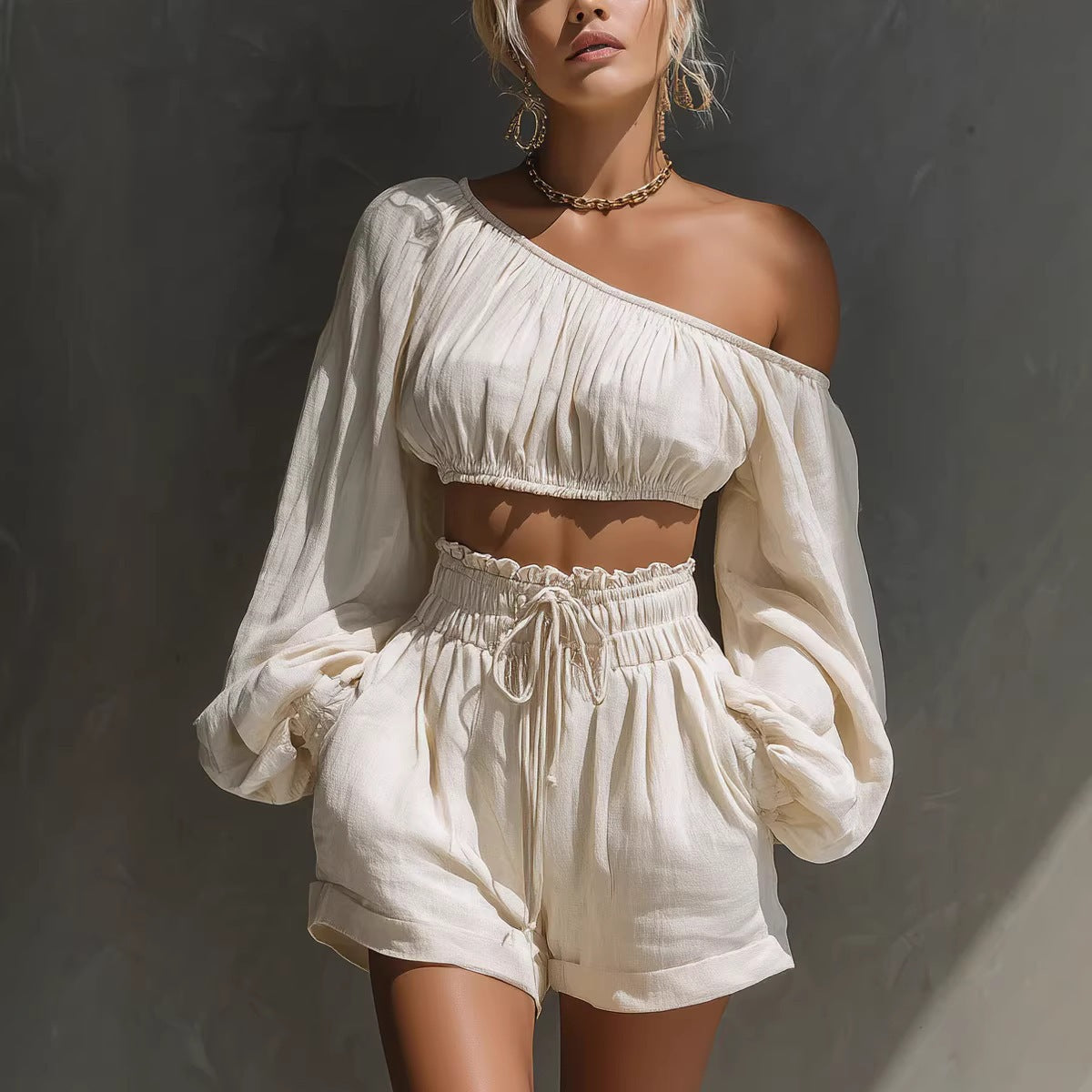 Women's One-Shoulder Ruched Crop Top & High-Waist Shorts Set