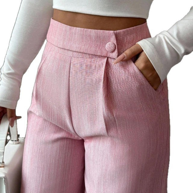 Women's High-Waist Straight-Leg Pants – Solid Color Button Detail Full Length