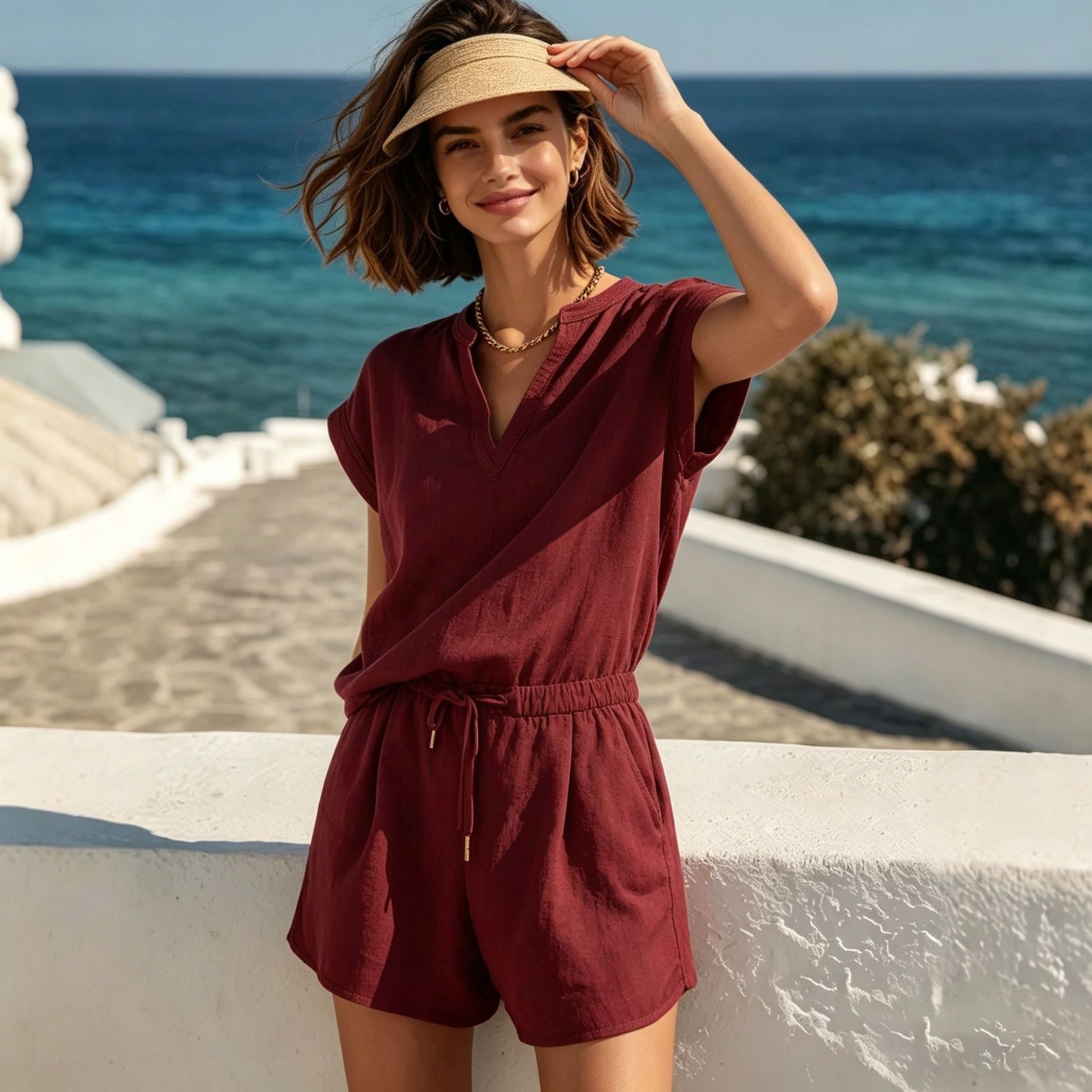 Women's Casual Linen Two-Piece Set — Short Sleeve Top & Shorts
