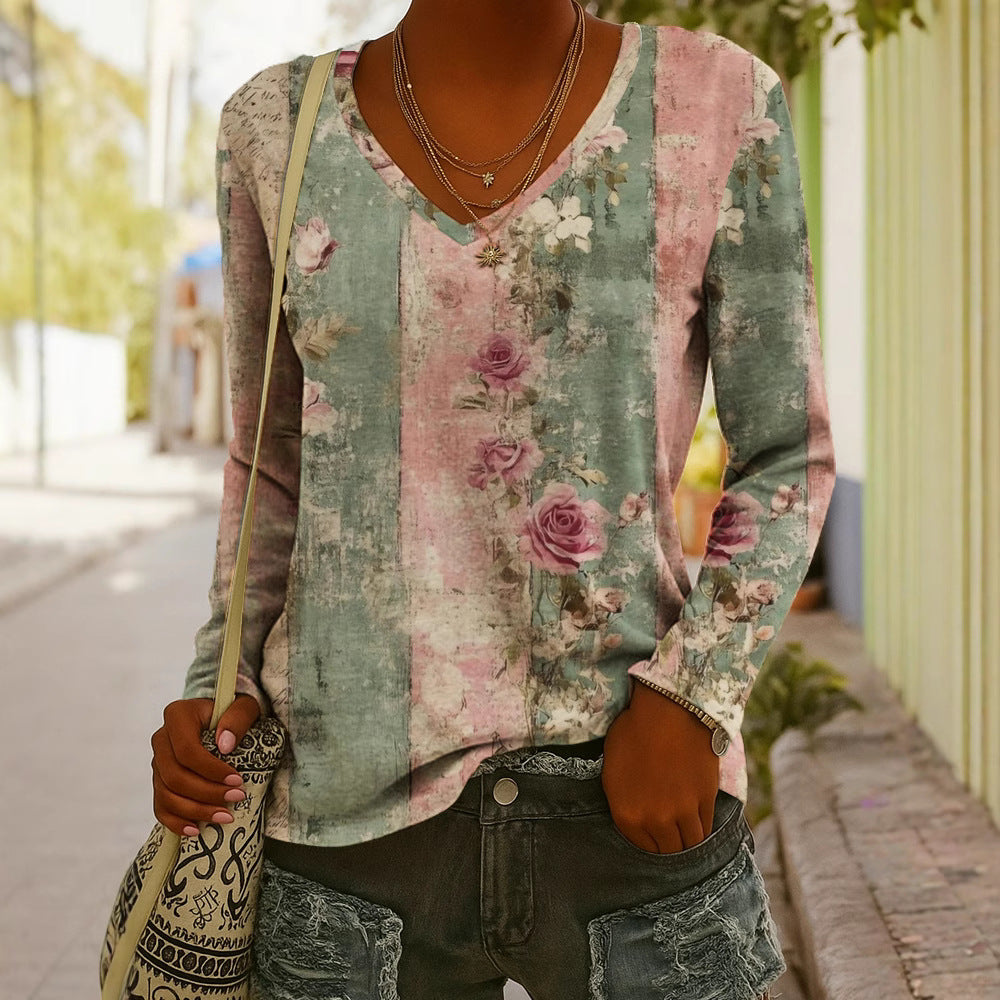 Women's Ethnic Print V-Neck Long-Sleeve Pullover Top