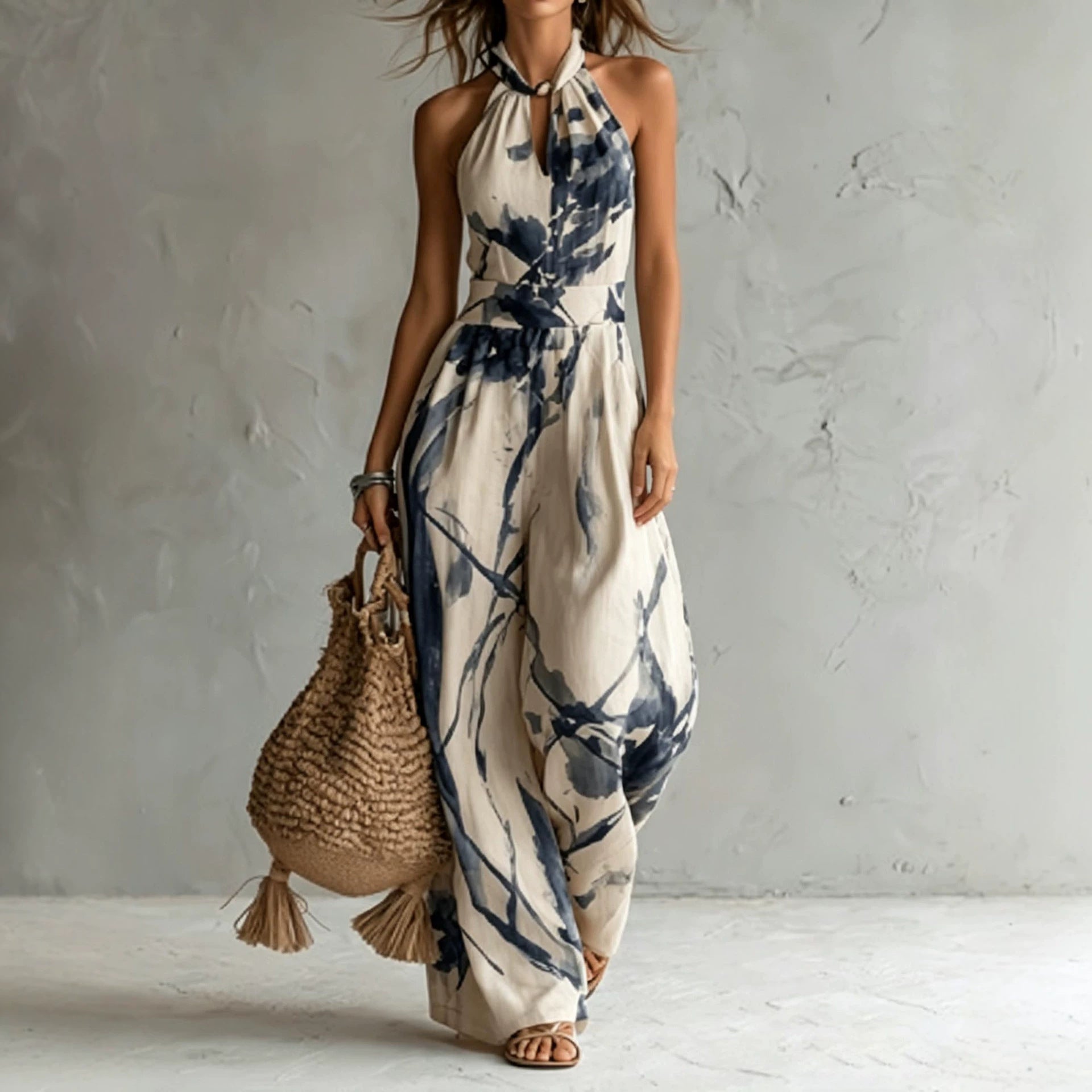 Apricot Ink Print Halter Neck Wide Leg Jumpsuit with Pockets