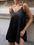 Lace Trim V-Neck Mini Dress – Backless Satin Slip Dress