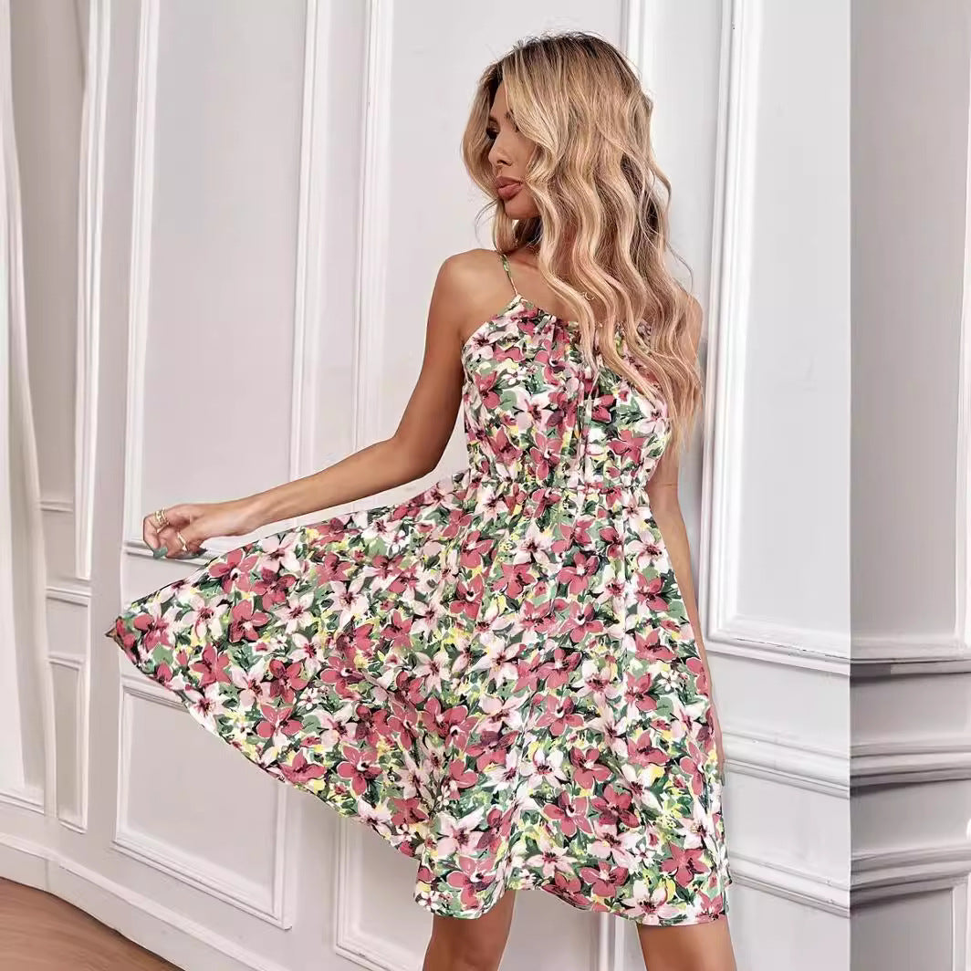 Women's Floral Print Sleeveless Midi Dress – Tie-Up Neck Elastic Waist Boho Summer Dress