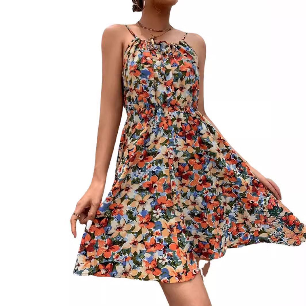 Women's Floral Print Sleeveless Midi Dress – Tie-Up Neck Elastic Waist Boho Summer Dress