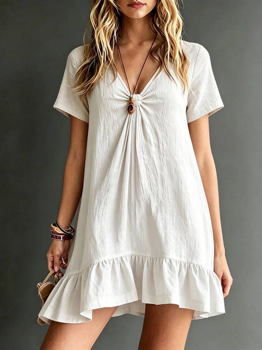Women's V-Neck Short-Sleeve Midi Dress – Ice Silk Crepe Loose Casual
