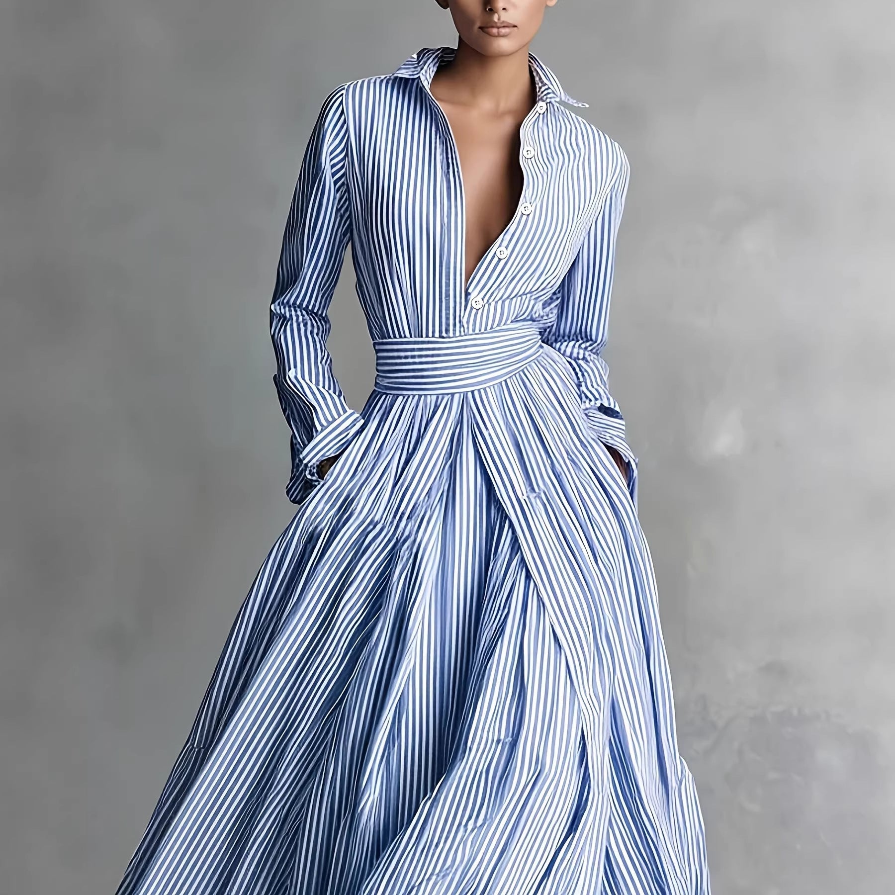 Striped Long Sleeve Cardigan Shirt Dress for Women – Tie Waist Pocket Maxi Dress