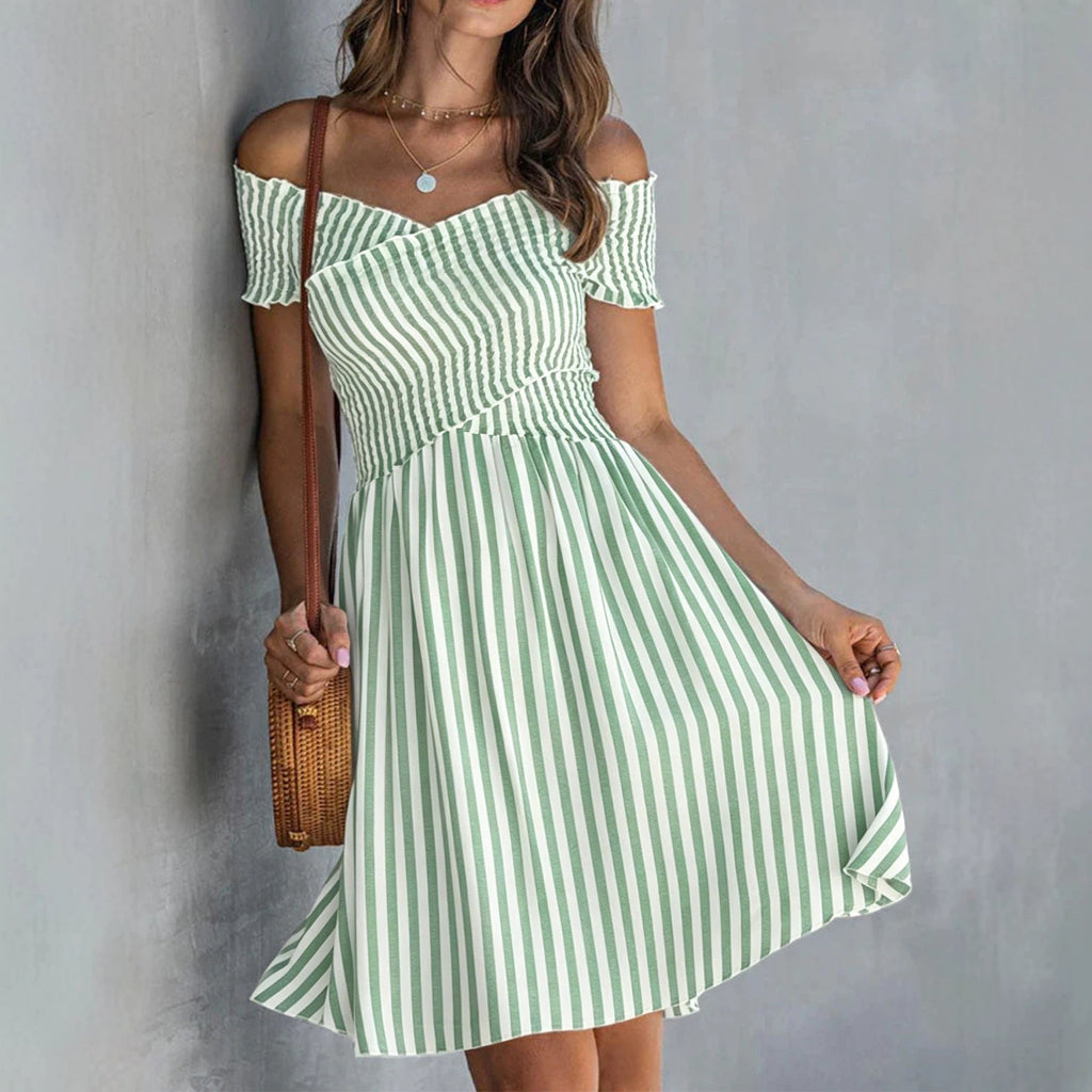 Women's Off-Shoulder Striped Waist-Cinching Midi Dress