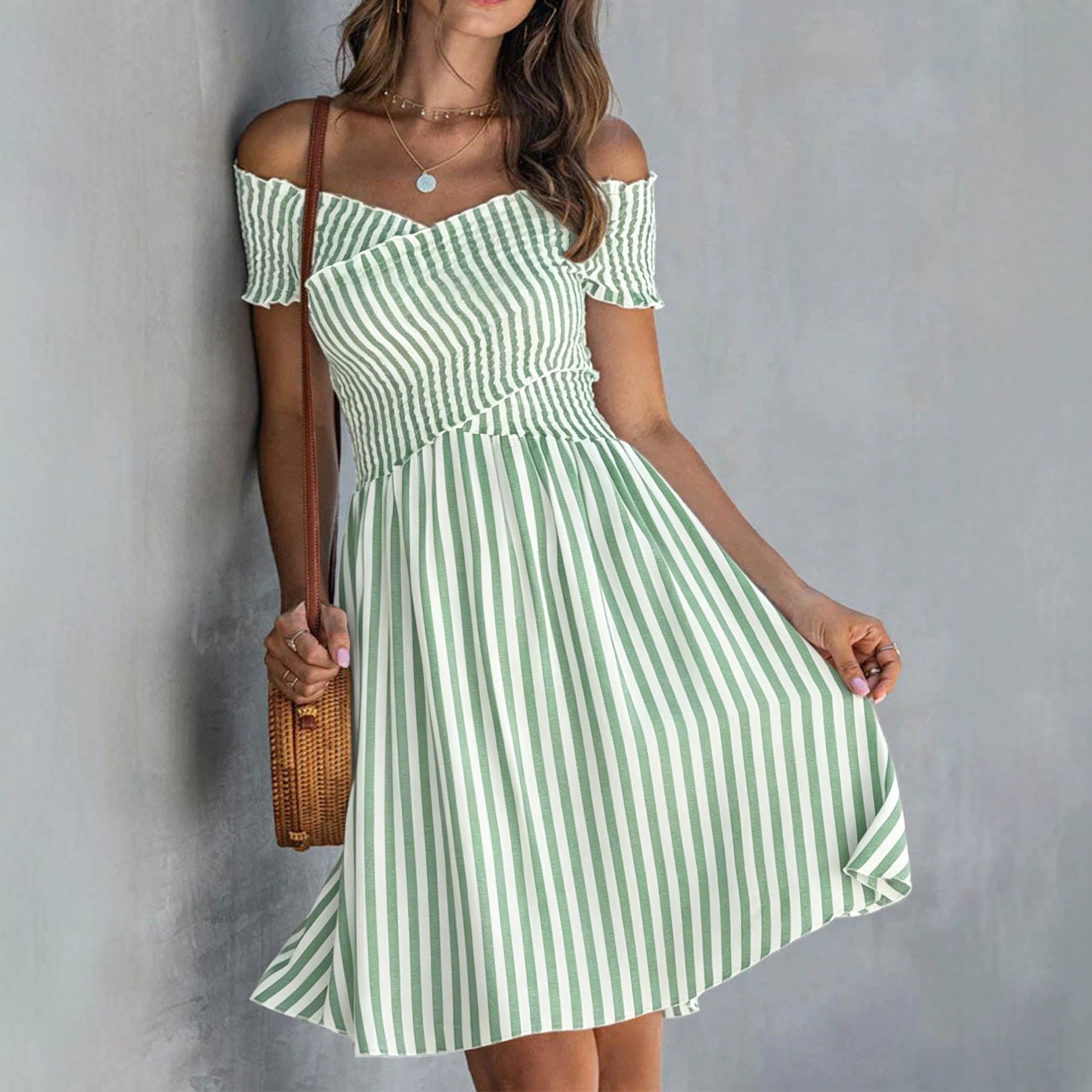 Women's Off-Shoulder Striped Waist-Cinching Midi Dress
