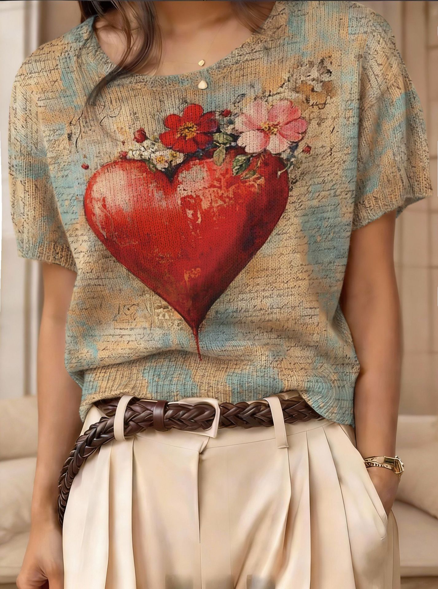 Women's Retro Short-Sleeve Jacquard Knit Top