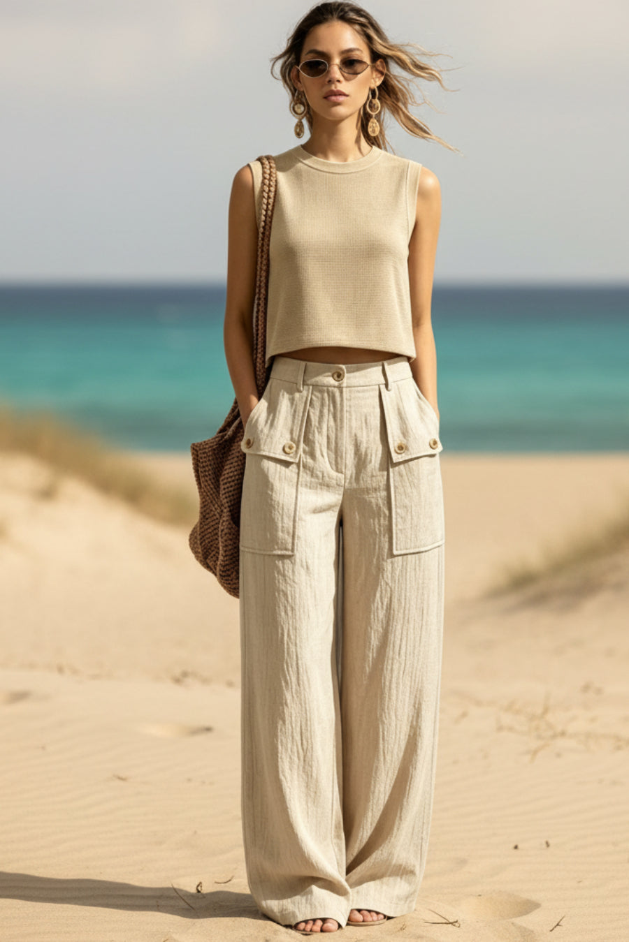 Women's Sleeveless Knit Vest & Wide Leg Pants Two-Piece Set – Casual Linen Khaki