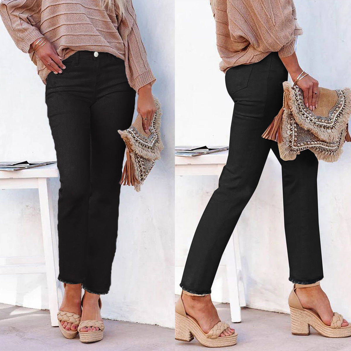 Women's Straight Leg Ankle-Length Raw Hem Denim Pants – Casual High-Waist Jeans