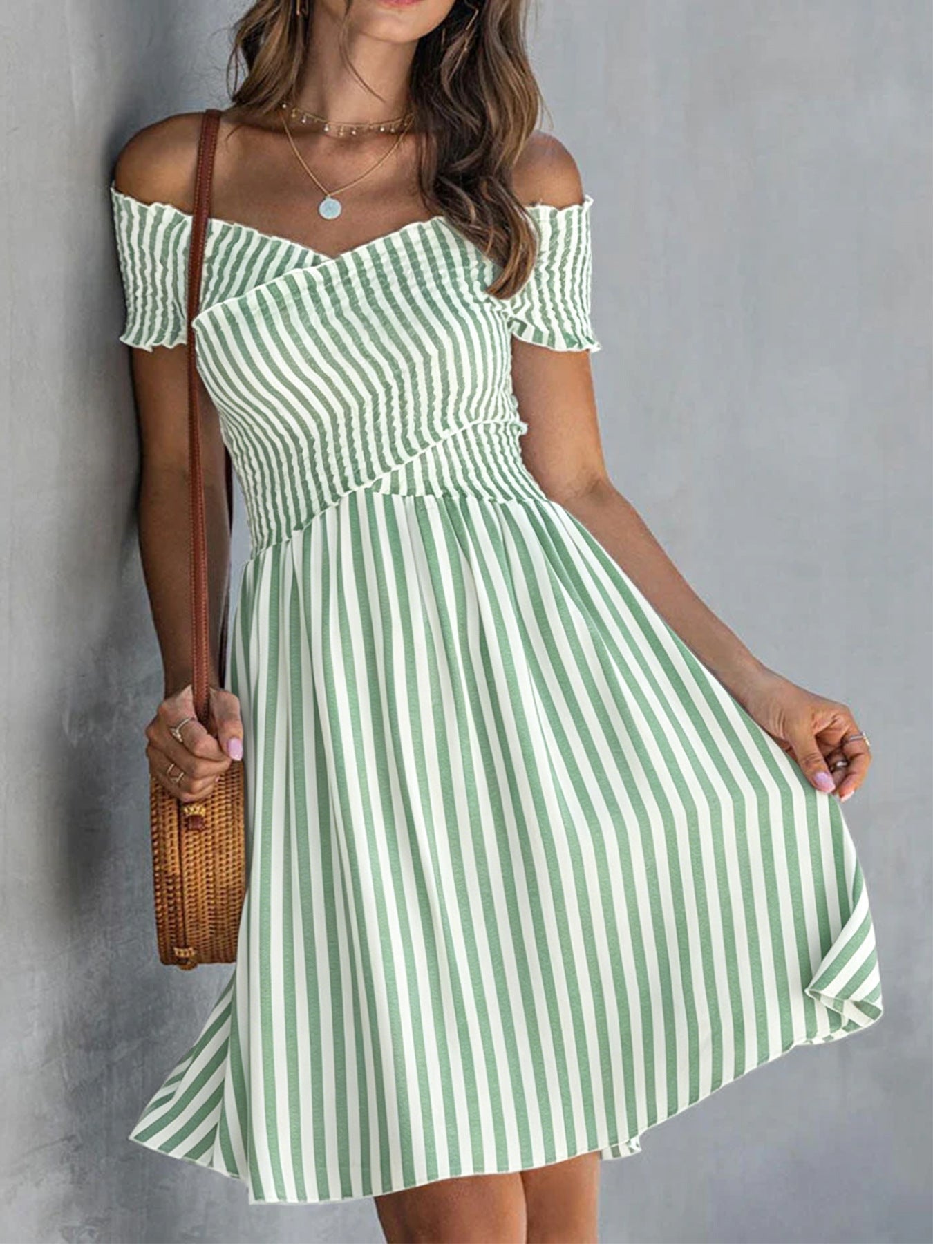 Women's Off-Shoulder Striped Waist-Cinching Midi Dress